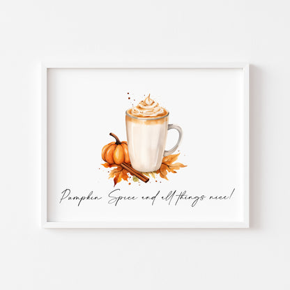 Pumpkin spice and all things nice landscape pumpkin latte watercolour illustration unframed wall art poster print