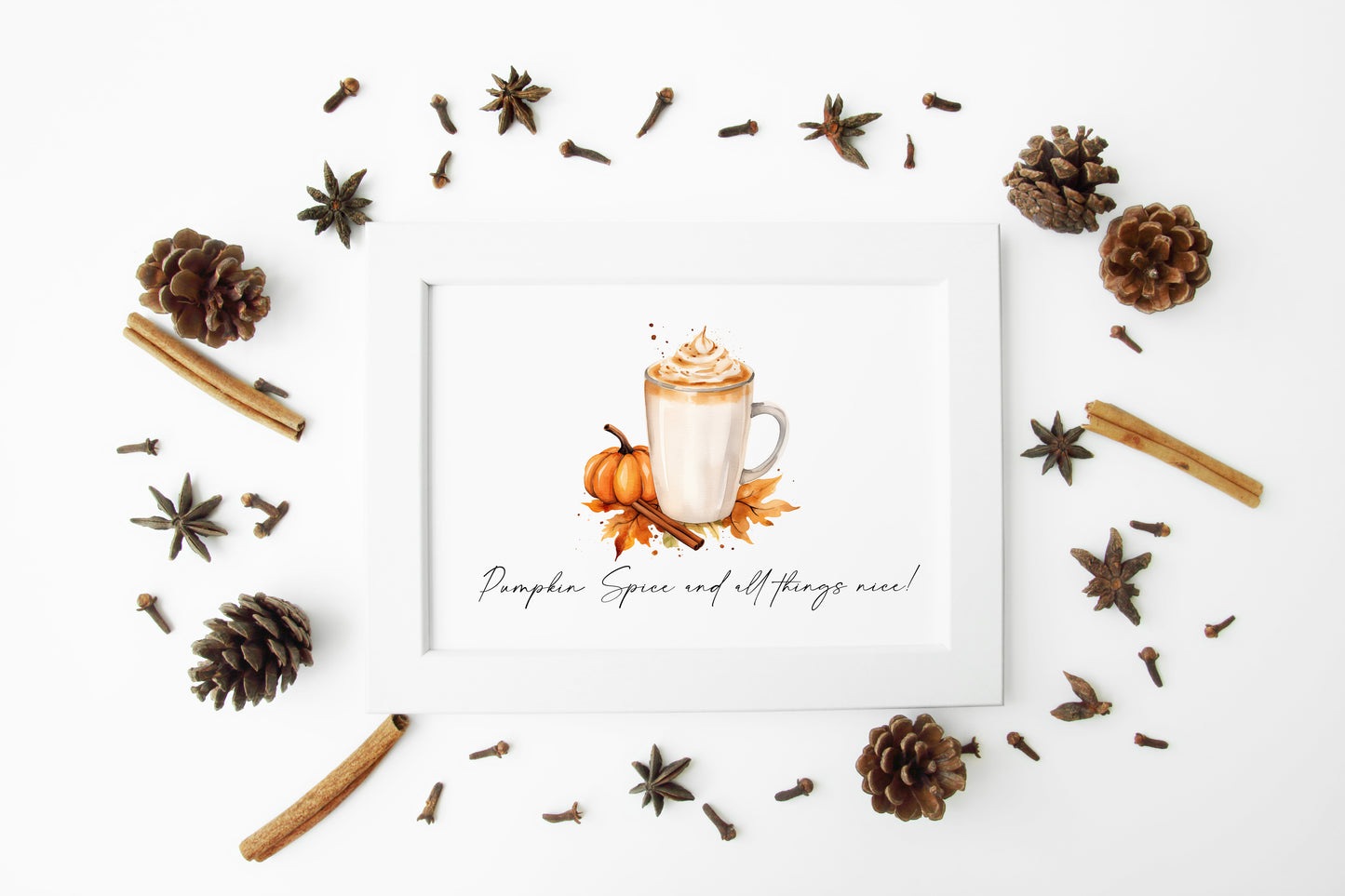 Pumpkin spice and all things nice landscape pumpkin latte watercolour illustration unframed wall art poster print