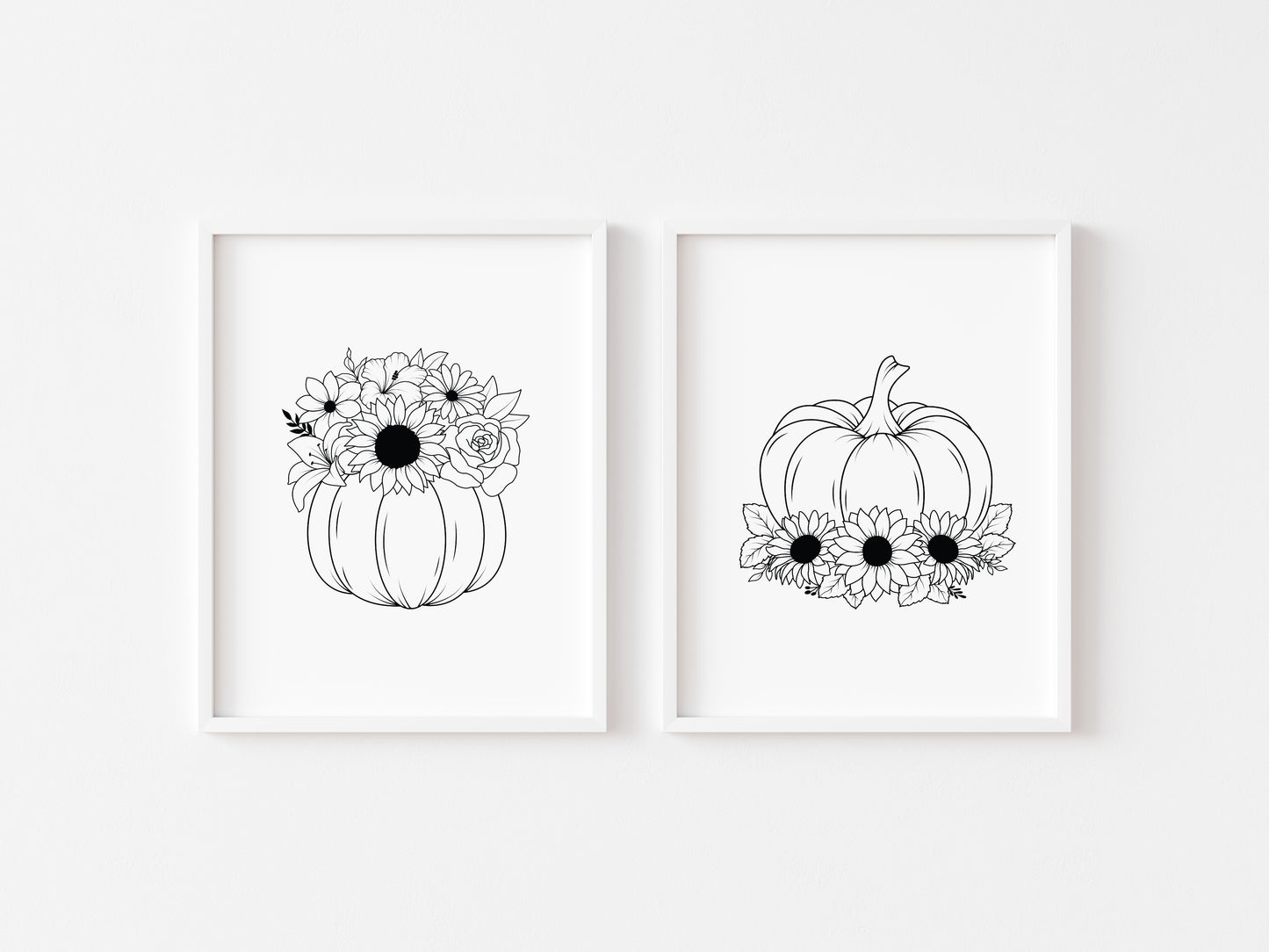 Set of 2 pumpkin sunflower illustrations unframed prints, line art, line art drawing, halloween autumn seasonal decor, wall art print sets