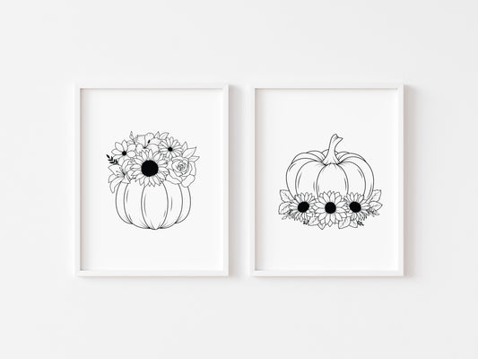 Set of 2 pumpkin sunflower illustrations unframed prints, line art, line art drawing, halloween autumn seasonal decor, wall art print sets