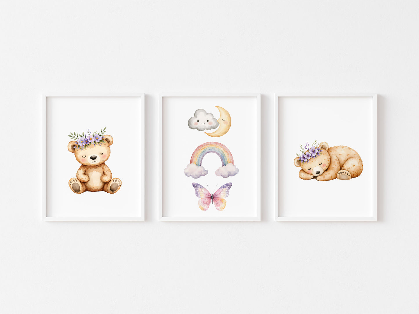 Woodland bear Nursery Prints Set Pink Purple bears rainbows & clouds Girls Room Decor unframed wall art posters
