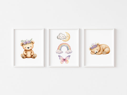 Woodland bear Nursery Prints Set Pink Purple bears rainbows & clouds Girls Room Decor unframed wall art posters