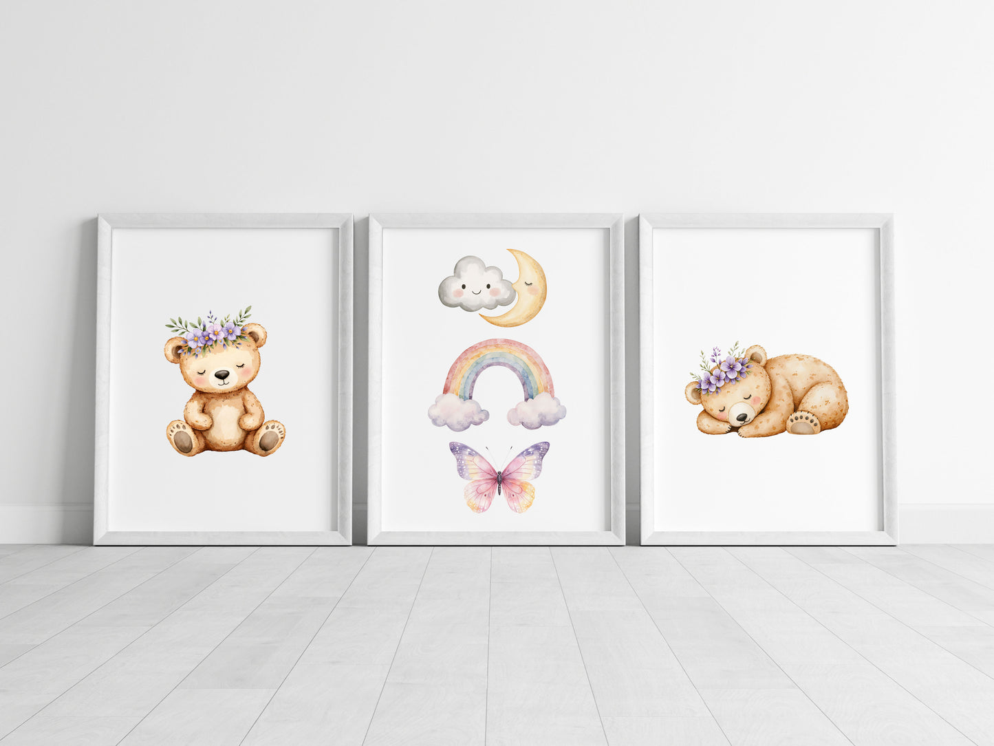 Woodland bear Nursery Prints Set Pink Purple bears rainbows & clouds Girls Room Decor unframed wall art posters