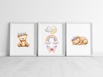 Woodland bear Nursery Prints Set Pink Purple bears rainbows & clouds Girls Room Decor unframed wall art posters