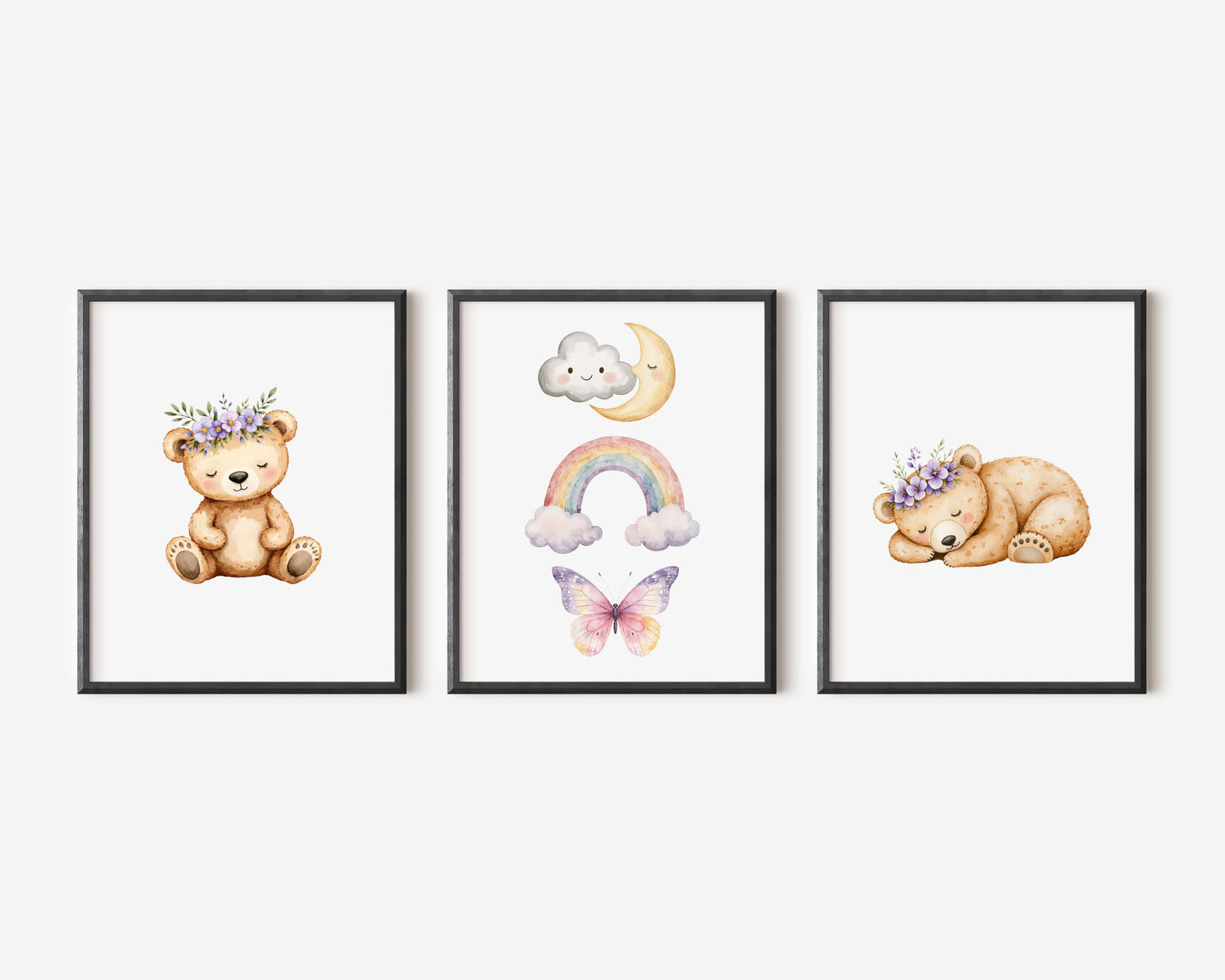 Woodland bear Nursery Prints Set Pink Purple bears rainbows & clouds Girls Room Decor unframed wall art posters