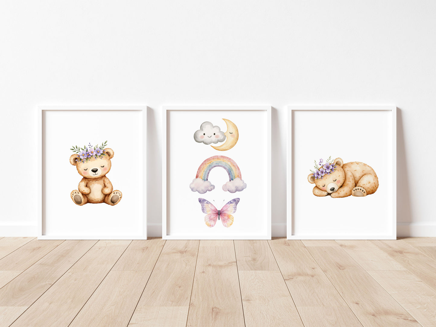 Woodland bear Nursery Prints Set Pink Purple bears rainbows & clouds Girls Room Decor unframed wall art posters