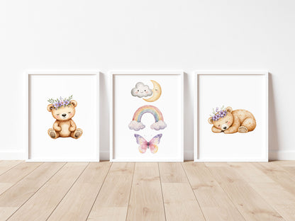 Woodland bear Nursery Prints Set Pink Purple bears rainbows & clouds Girls Room Decor unframed wall art posters