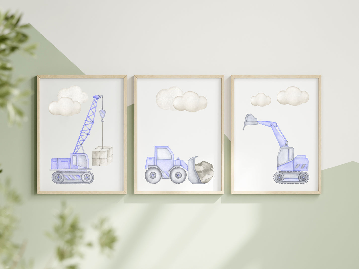 Set of 3 watercolour kids digger truck construction purple grey illustration set of unframed wall art poster prints