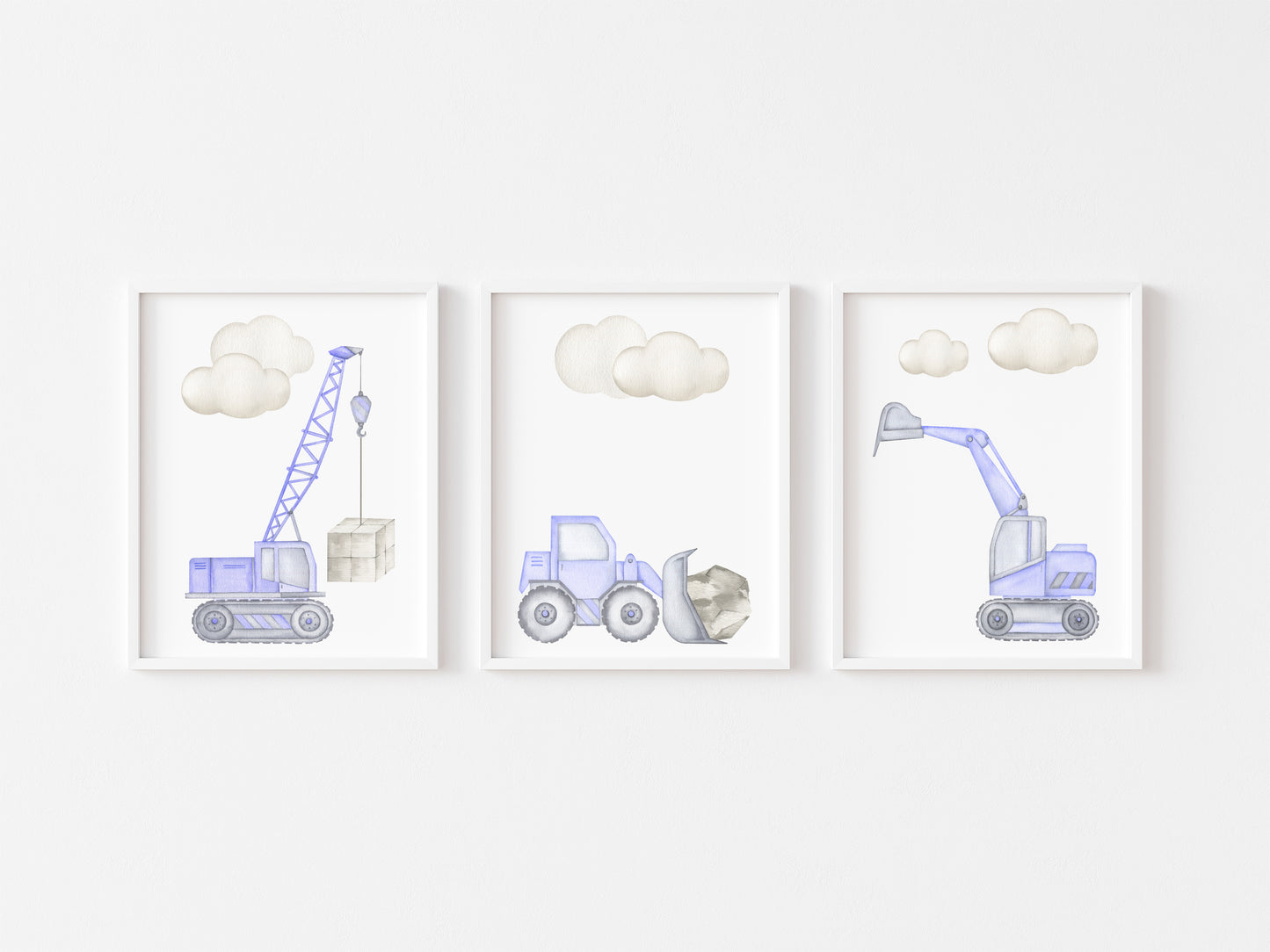 Set of 3 watercolour kids digger truck construction purple grey illustration set of unframed wall art poster prints