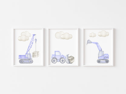 Set of 3 watercolour kids digger truck construction purple grey illustration set of unframed wall art poster prints