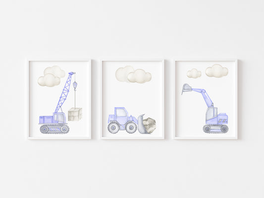Set of 3 watercolour kids digger truck construction purple grey illustration set of unframed wall art poster prints
