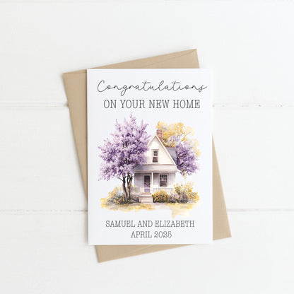 Congratulations on your new home card,  watercolour cute purple home cottage personalised with names & date, envelope,kraft brown or white