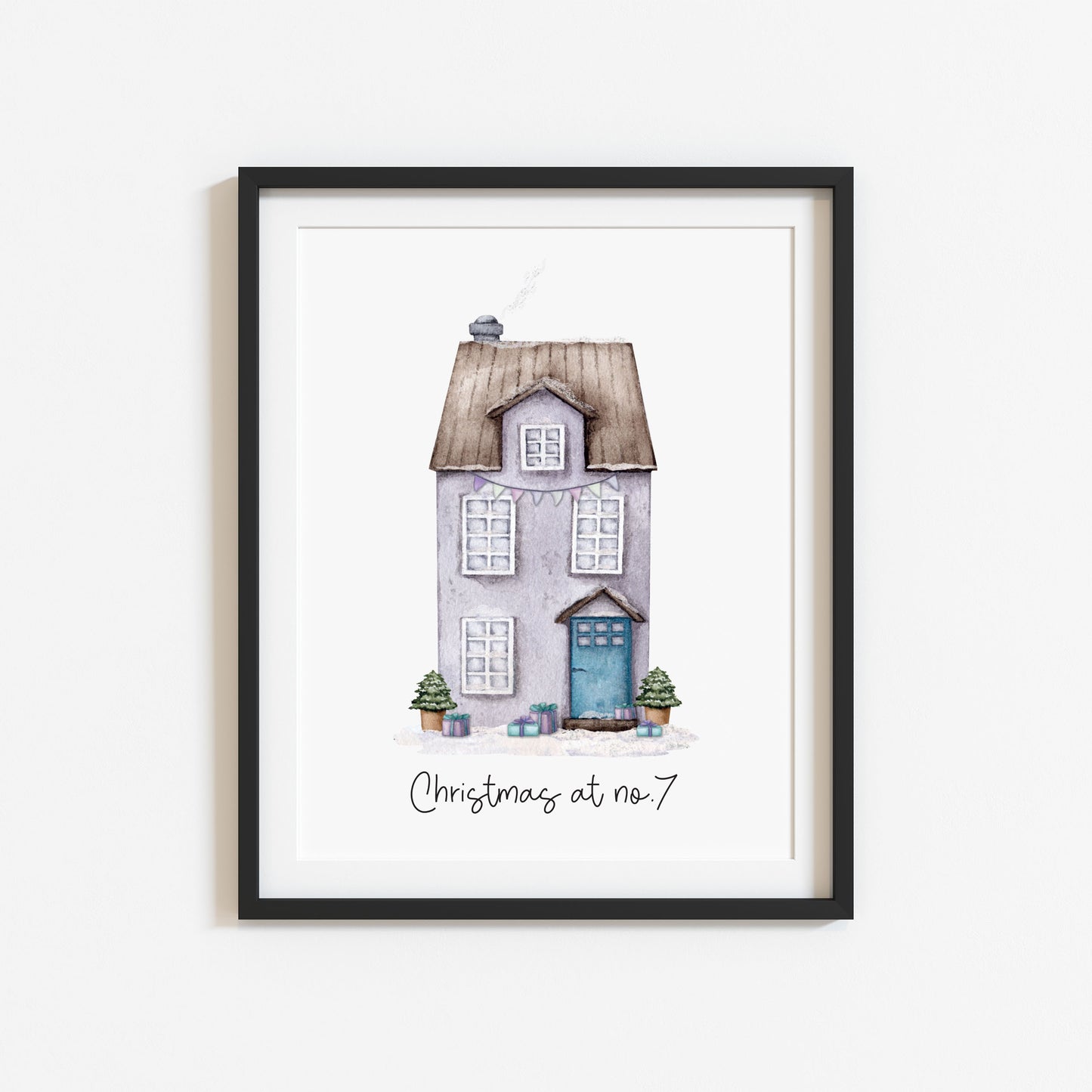 Personalised Christmas House print, purple watercolour Green xmas trees (Unframed)
