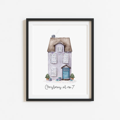 Personalised Christmas House print, purple watercolour Green xmas trees (Unframed)