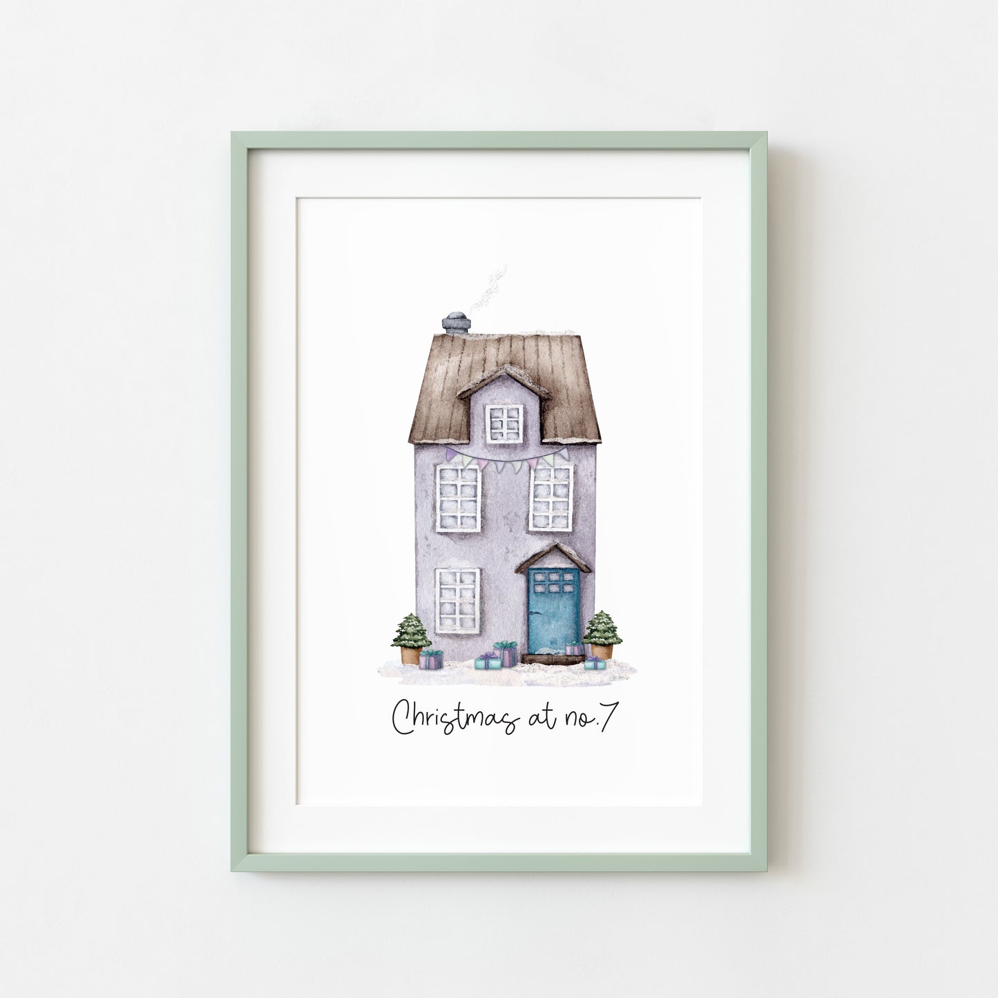 Personalised Christmas House print, purple watercolour Green xmas trees (Unframed)