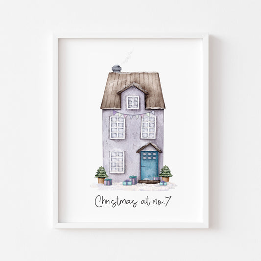 Personalised Christmas House print, purple watercolour Green xmas trees (Unframed)