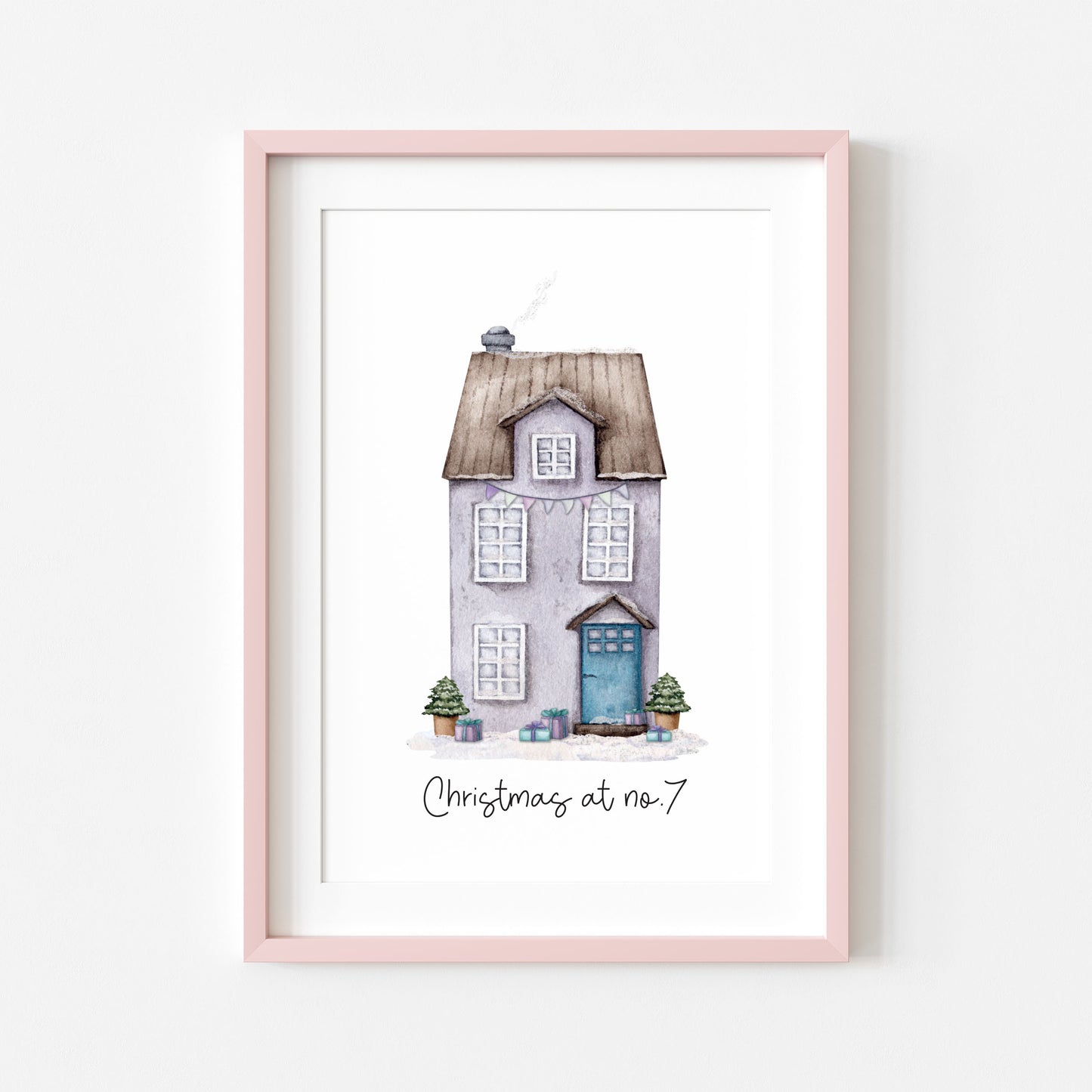 Personalised Christmas House print, purple watercolour Green xmas trees (Unframed)