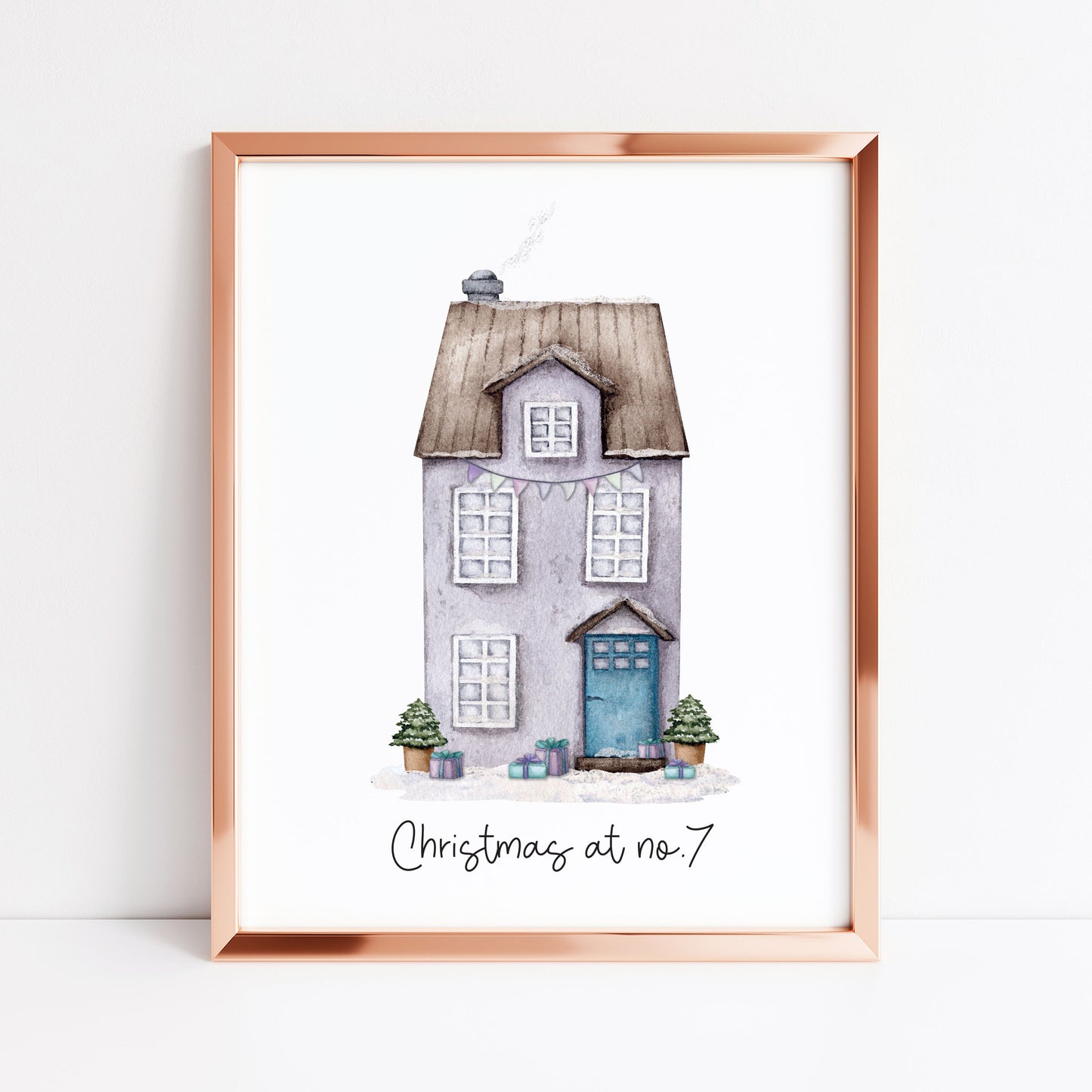 Personalised Christmas House print, purple watercolour Green xmas trees (Unframed)