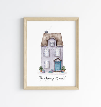 Personalised Christmas House print, purple watercolour Green xmas trees (Unframed)