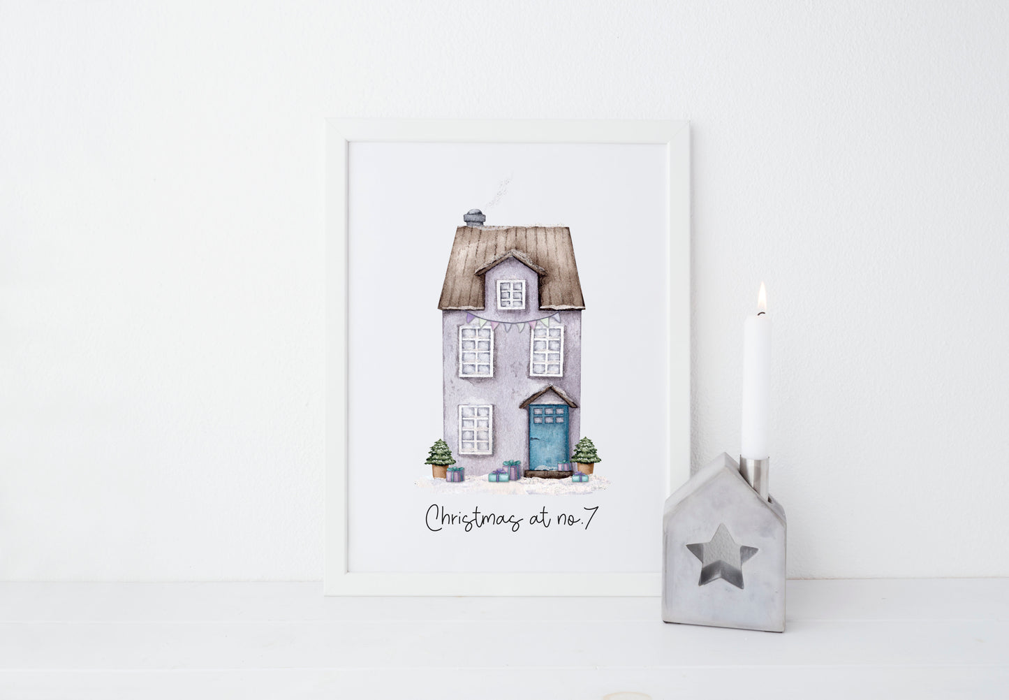 Personalised Christmas House print, purple watercolour Green xmas trees (Unframed)