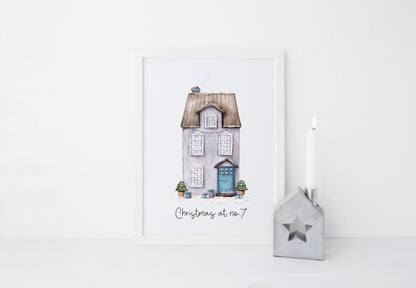 Personalised Christmas House print, purple watercolour Green xmas trees (Unframed)