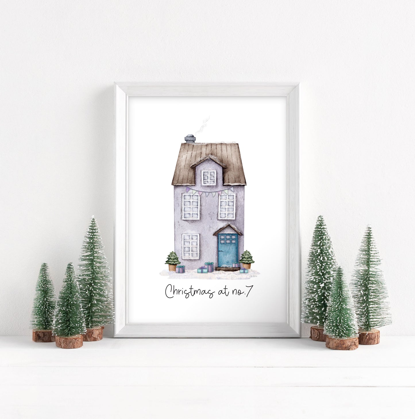 Personalised Christmas House print, purple watercolour Green xmas trees (Unframed)