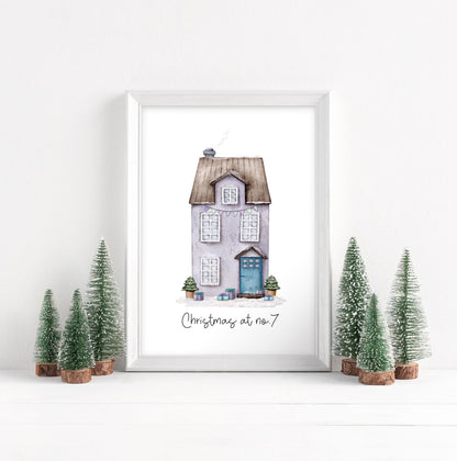 Personalised Christmas House print, purple watercolour Green xmas trees (Unframed)