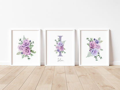 Set of 3 purple roses floral Initial personalised girls bedroom wall art poster prints, personalised with name, girls bedroom decor, lilac prints