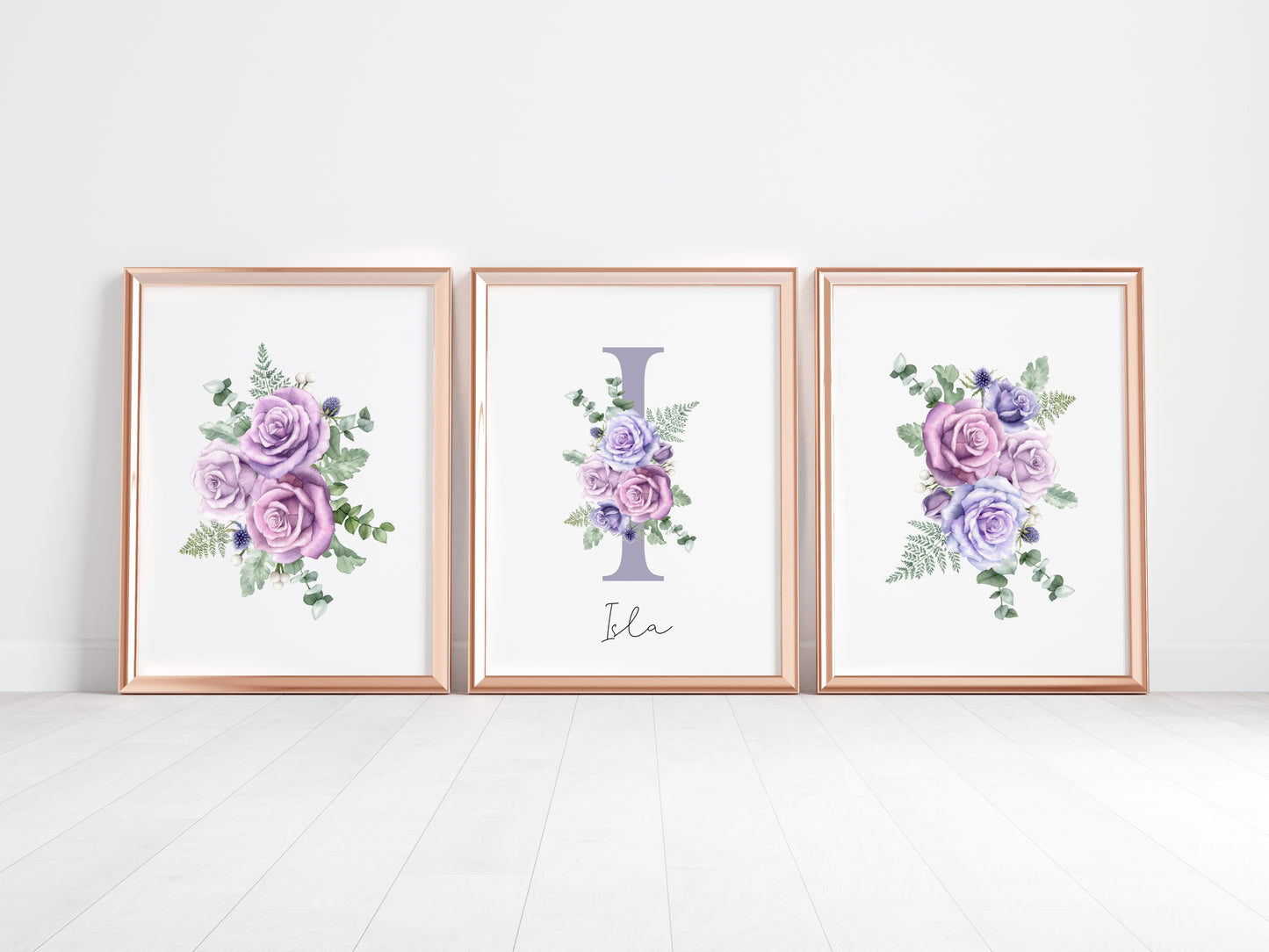 Set of 3 purple roses floral Initial personalised girls bedroom wall art poster prints, personalised with name, girls bedroom decor, lilac prints