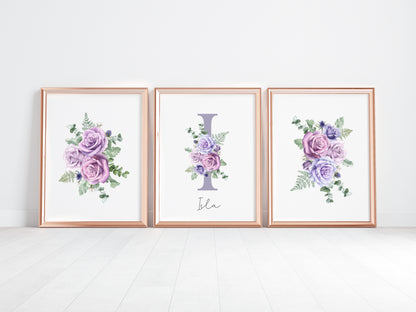 Set of 3 purple roses floral Initial personalised girls bedroom wall art poster prints, personalised with name, girls bedroom decor, lilac prints