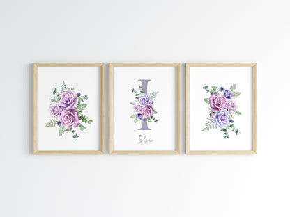 Set of 3 purple roses floral Initial personalised girls bedroom wall art poster prints, personalised with name, girls bedroom decor, lilac prints
