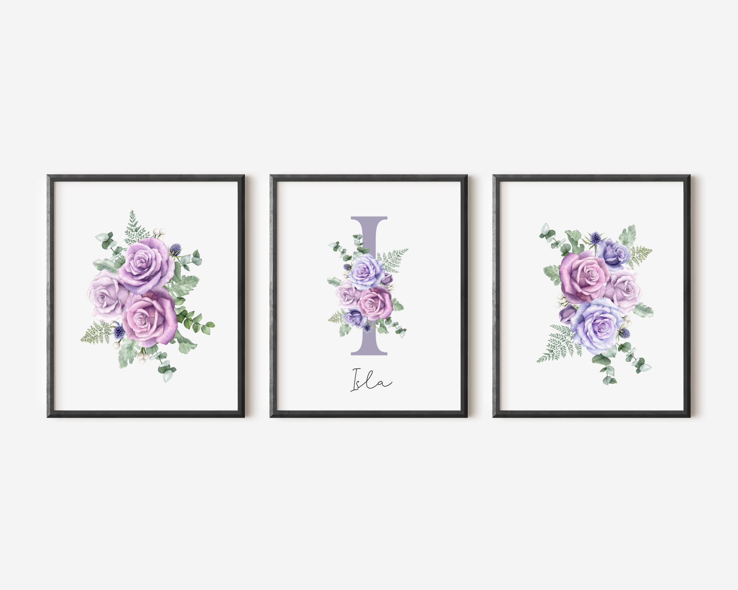 Set of 3 purple roses floral Initial personalised girls bedroom wall art poster prints, personalised with name, girls bedroom decor, lilac prints