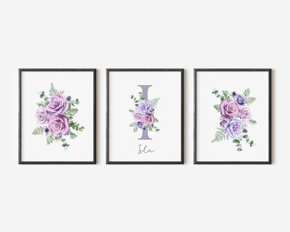 Set of 3 purple roses floral Initial personalised girls bedroom wall art poster prints, personalised with name, girls bedroom decor, lilac prints