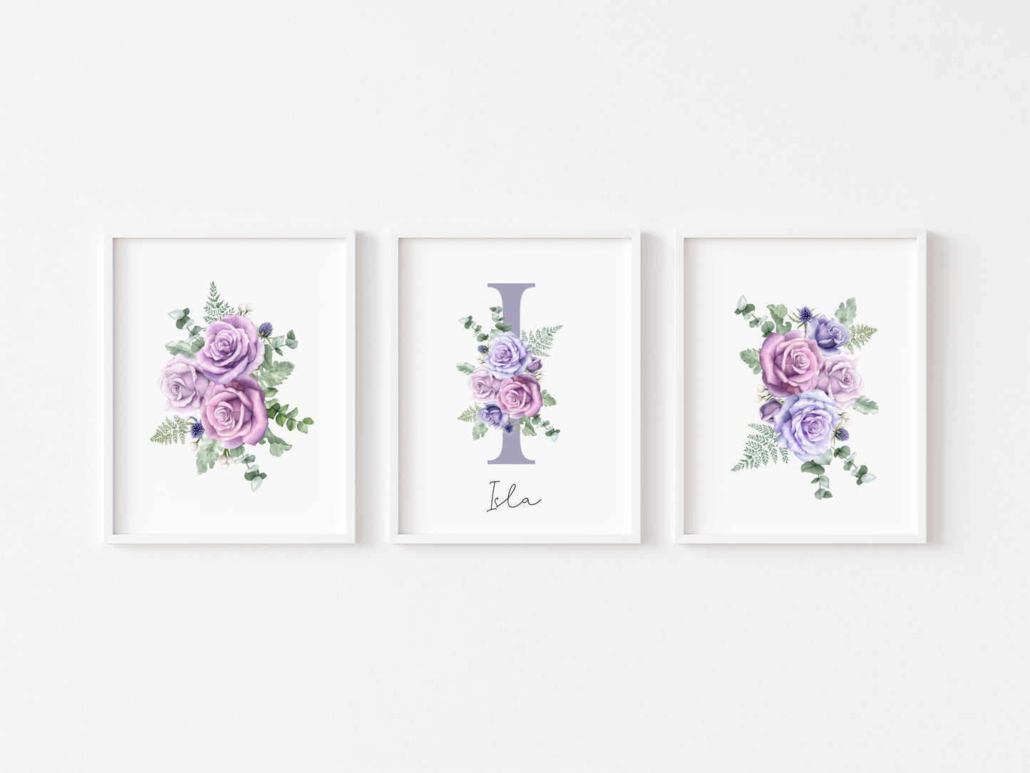Set of 3 purple roses floral Initial personalised girls bedroom wall art poster prints, personalised with name, girls bedroom decor, lilac prints