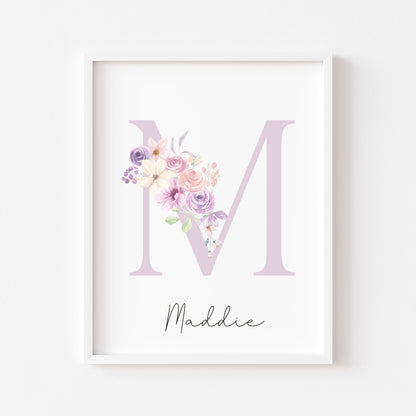 Personalised purple pink floral initial name print, bedroom nursery home unframed wall art poster print, initial print, floral nursery print