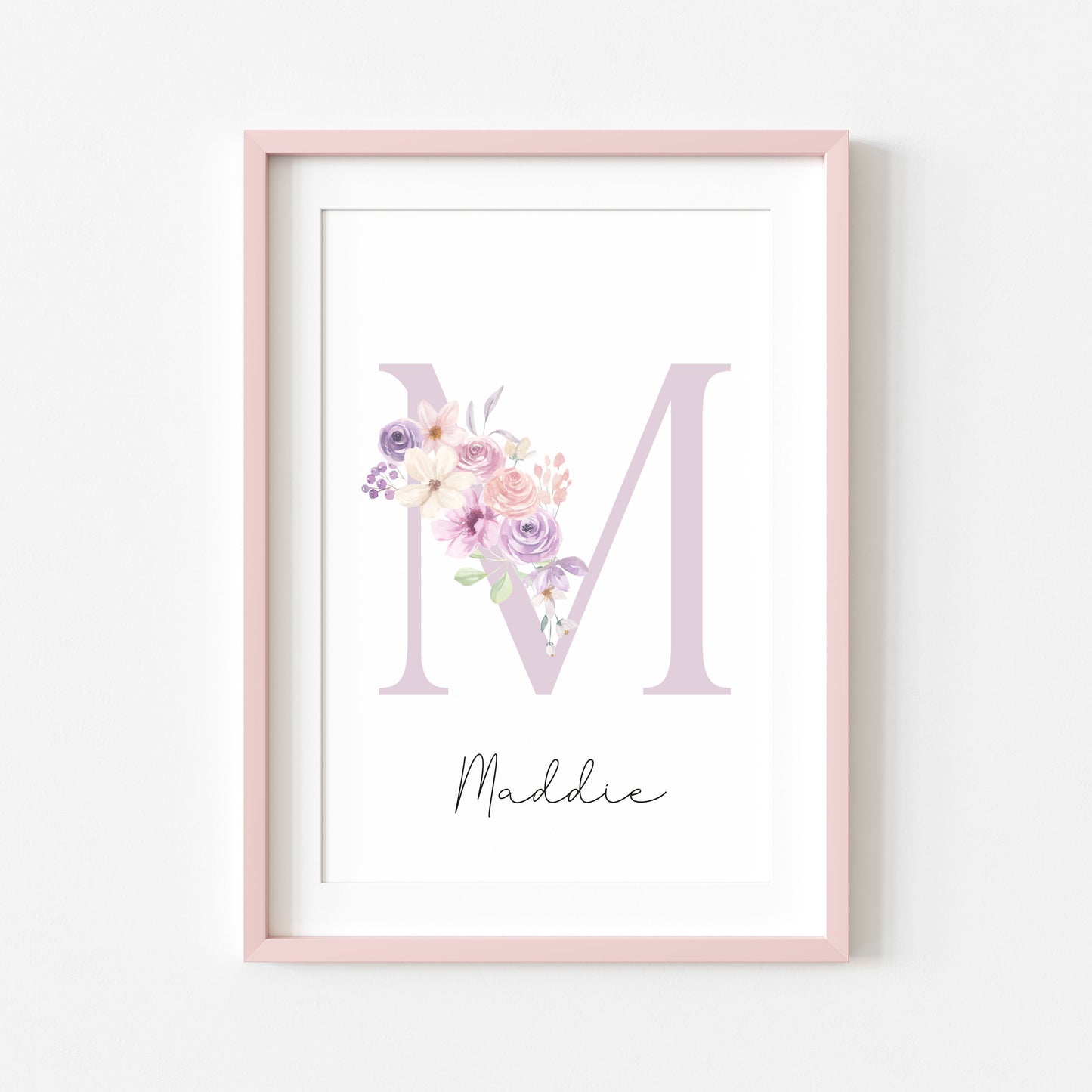 Personalised purple pink floral initial name print, bedroom nursery home unframed wall art poster print, initial print, floral nursery print