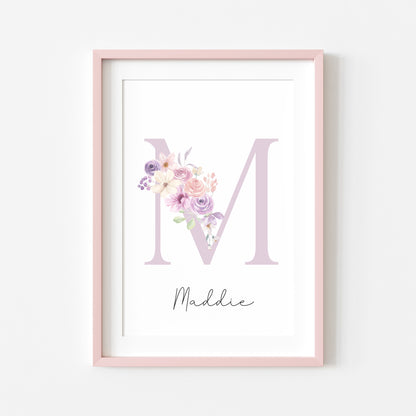 Personalised purple pink floral initial name print, bedroom nursery home unframed wall art poster print, initial print, floral nursery print