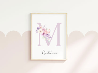Personalised purple pink floral initial name print, bedroom nursery home unframed wall art poster print, initial print, floral nursery print
