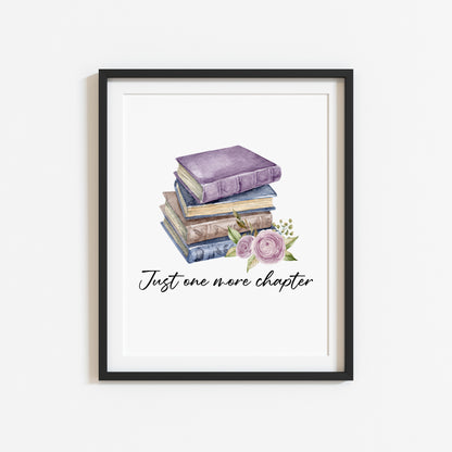 Just one more chapter, watercolour book stack purple blue floral book lover bedroom office unframed wall art poster print