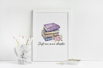 Just one more chapter, watercolour book stack purple blue floral book lover bedroom office unframed wall art poster print