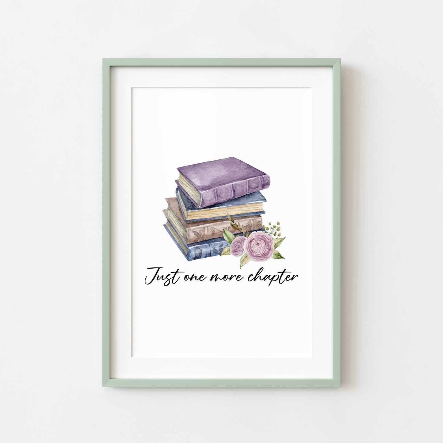 Just one more chapter, watercolour book stack purple blue floral book lover bedroom office unframed wall art poster print