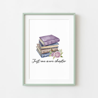 Just one more chapter, watercolour book stack purple blue floral book lover bedroom office unframed wall art poster print