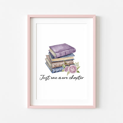 Just one more chapter, watercolour book stack purple blue floral book lover bedroom office unframed wall art poster print