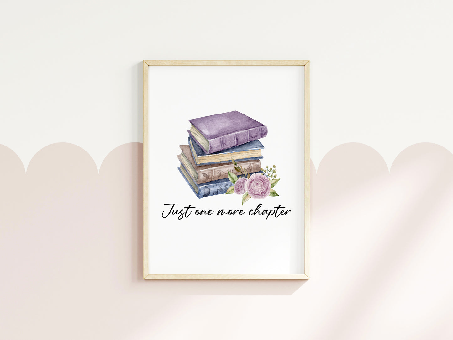 Just one more chapter, watercolour book stack purple blue floral book lover bedroom office unframed wall art poster print