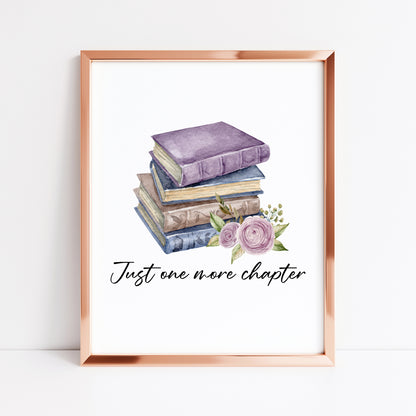 Just one more chapter, watercolour book stack purple blue floral book lover bedroom office unframed wall art poster print