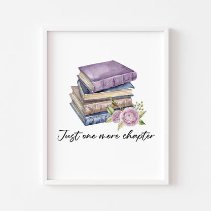 Just one more chapter, watercolour book stack purple blue floral book lover bedroom office unframed wall art poster print