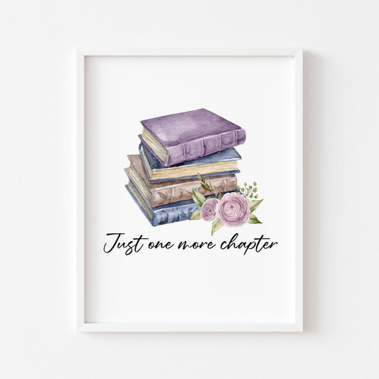 Just one more chapter, watercolour book stack purple blue floral book lover bedroom office unframed wall art poster print