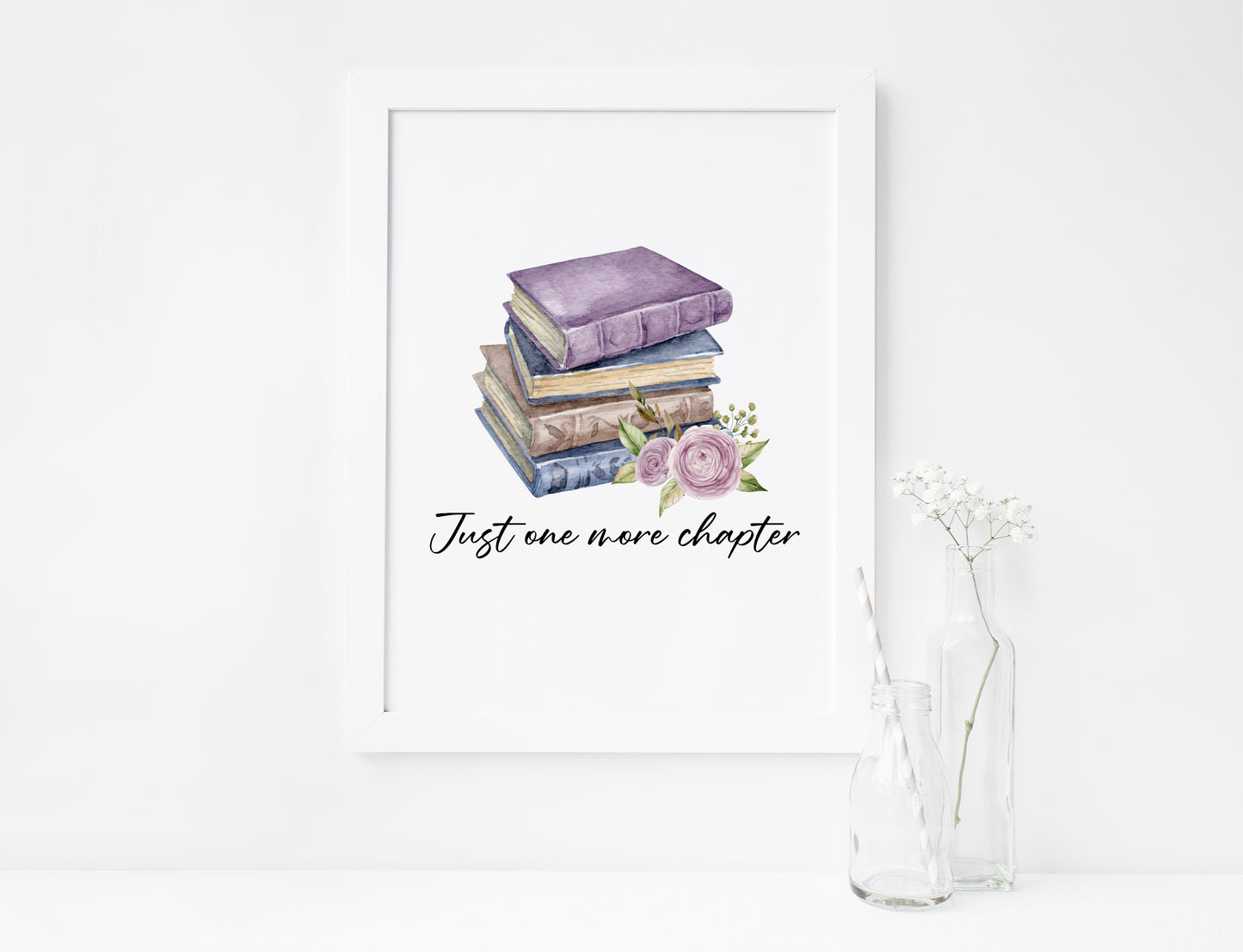 Just one more chapter, watercolour book stack purple blue floral book lover bedroom office unframed wall art poster print