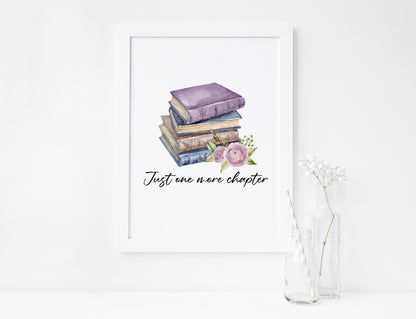 Just one more chapter, watercolour book stack purple blue floral book lover bedroom office unframed wall art poster print