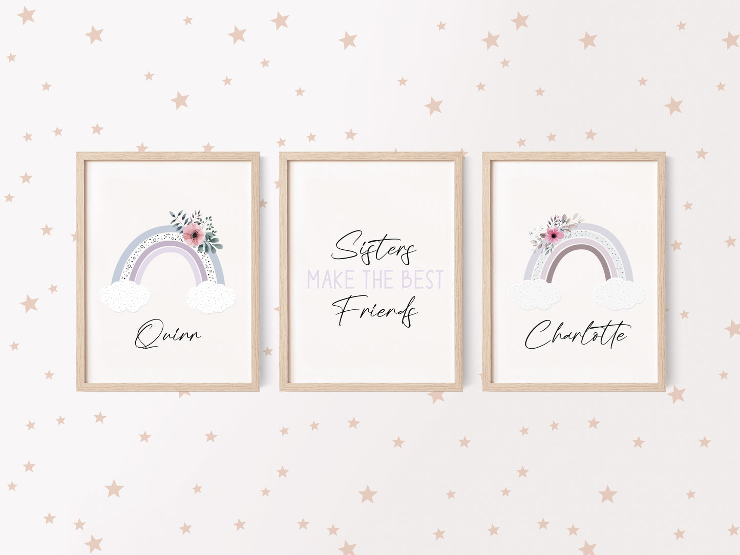 Set of 3, sisters make the very best friends personalised rainbow name sister bedroom unframed wall art poster print